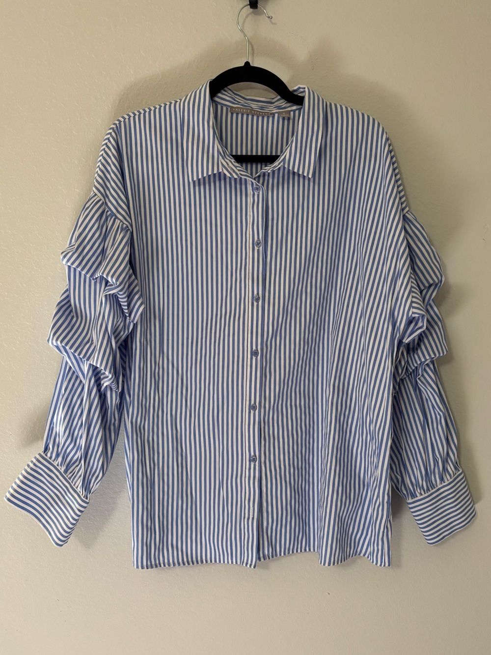 Valerie Stevens Blue White Striped Button Up Ruched Puff Sleeve XL